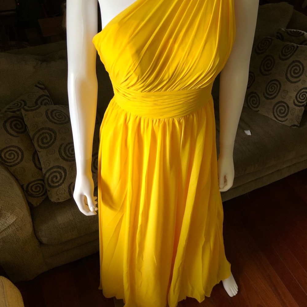 AW. BRIDAL Sz 0. Golden Yellow One Shoulder Floor Length Gown. - Picture 7 of 15